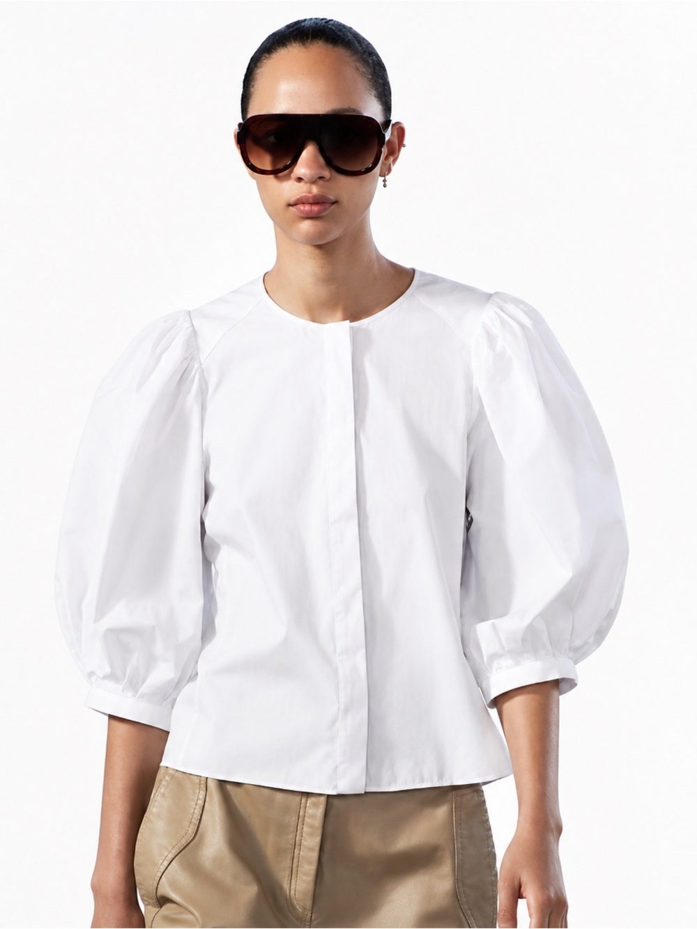 Zara White Cotton Poplin Puff Sleeve Blouse Size M NWOT